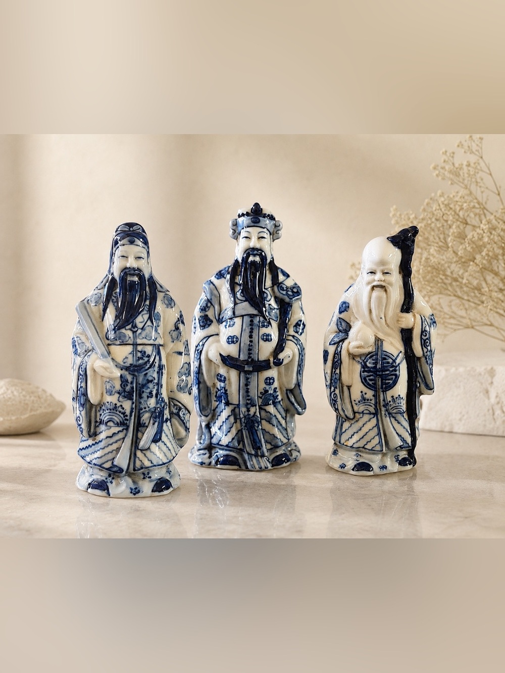 Blue & White Chinoiserie Fu Lu Shou Figurine Set | Vintage Asian Decor Trio